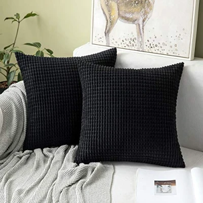 Afbeelding van MIULEE Zachte, effen, decoratieve, vierkante corduroy kussensloop met grote maïskorrels, kussenhoes voor sofa, slaapkamer, 16 x inch / 40 cm, set van 2, granulaat zwart