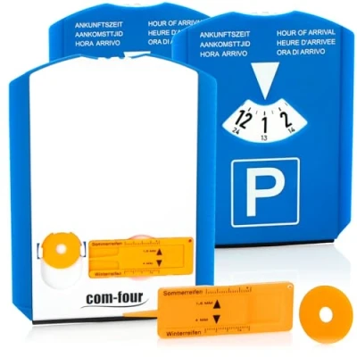 Afbeelding van COM FOUR® 3x parkeerschijf met ijskrabber, rubberen lip, winkelwagenchip en bandenprofielmes parkeermeter van kunststof (03 stuks chip+profielmes)
