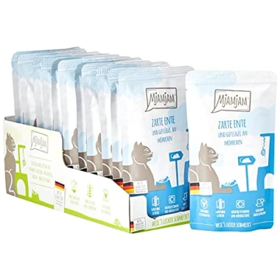 Afbeelding van MjAMjAM premium natvoer voor katten Quetschie malse eend &amp; gevogelte met heerlijke wortelen, pak van 12 (12 x 125 g), graanvrij extra vlees