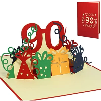 Afbeelding van LINPOPUP® Pop upkaart 90ste verjaardag, 3D verjaardagskaart met envelop, Happy Birthday, cadeaubon voor cadeau vrouw, collega, jubileum, oma, 90 cijfers, rood, N232