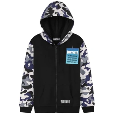 Afbeelding van Fortnite Pullover voor kinderen, capuchontrui jongens, met ritssluiting, hoodie, sweatshirt, gebreide jas capuchon, zwart/camouflage, 9 10 Jaar