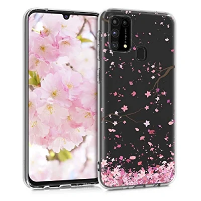Afbeelding van kwmobile telefoonhoesje compatibel met Samsung Galaxy M31 Hoesje voor smartphone in poederroze/donkerbruin/transparant Kersenbloesembladeren