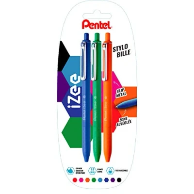 Afbeelding van Pentel 487302 iZee balpen met metalen clip, blauw, groen, oranje, 3 stuks
