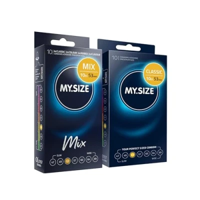 Afbeelding van MY.SIZE Mix SET Maat 3, 53 mm: 10 Classic Condooms + in 4 spannende soorten, met aroma, kleur, genopt &amp;