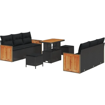 Afbeelding van vidaXL 9 delige Tuin Sofa Set met Kussens Zwart Poly Rattan Acacia, 3 Eetset Acacia