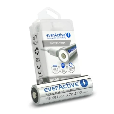 Afbeelding van everActive Accu 18500 3,7 V Li ion 2100 mAh met USB C, PCM beschermingsschakeling, voorgeladen tot max. 30%, 1 stuk EV18500 21M