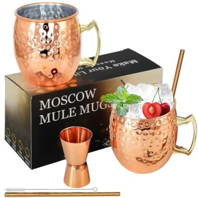 Afbeelding van Moskou Mule Koperen Mokjes Set van 2 Roestvrij Stalen Mokken 18 Oz Voedselveilige Gehamerde Mokken, Perfect voor Cocktail Water Glas Koude Drinken (1)