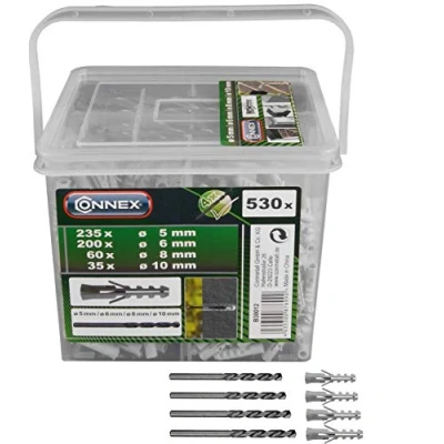 Afbeelding van Connex Pluggenassortiment 530 delig Polypropyleen Diverse maten in een set (Ø 5/6 / 8/10 mm) Voor bevestigingswerkzaamheden massieve steen en beton Incl. boor/pluggenset/universele
