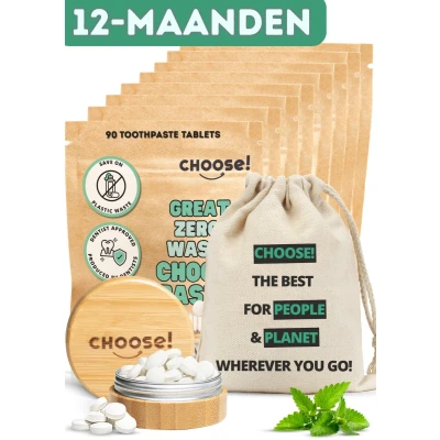 Afbeelding van CHOOSE 12 maandpakket Tandpasta Tabletten Bamboe Refill Pot 720