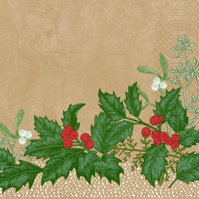 Afbeelding van 60x stuks kerst thema tafel servetten met hulsttakjes 33 x cm Feestservetten