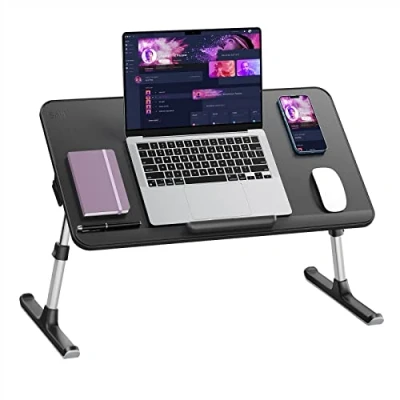 Afbeelding van SAIJI bedtafel, dikke stabiele voeten, in hoogte verstelbaar en de hoek verstelbaar, voldoende ruimte voor muis, tot 17 inch laptop, thuiskantoor, ontbijt, leren (zwart, 60 x 33 cm)