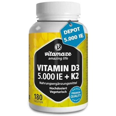 Afbeelding van vitamine D3 K2 hoge dosering, 180 tabletten, 5000 IE + 100 mcg depot, zonder onnodige toevoegingen, biologische beschikbaarheid, gemaakt in Duitsland