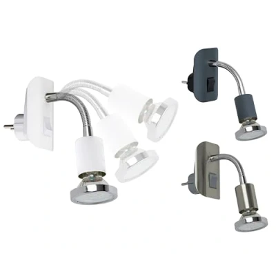 Afbeelding van Trango Stekkerlamp in mat wit 11 056 *FLEXI* nachtlampje incl. 1x GU10 3000K warm LED lamp chroom ring &amp; AAN/UIT schakelaar leeslamp, wandlamp, keukenlamp