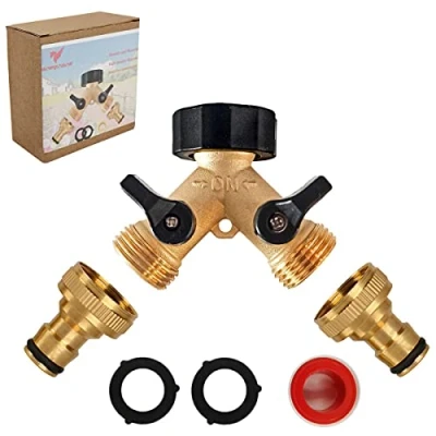 Afbeelding van 2 weg tuinslangsplitter, Y ventiel, kraanconnector met individuele aan/uit en twee snelkoppelingen, 3/4&quot; kraan splitter messing slangconnector (2 splitter)