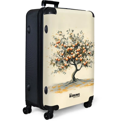 Afbeelding van NoBoringSuitcases.com® Koffer groot Reiskoffer lichtgewicht Sinaasappelboom met bloemen op beige achtergrond Rolkoffer 4 wielen Grote trolley XL 98 liter bagage