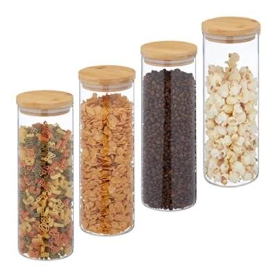 Afbeelding van Relaxdays voorraadpot met bamboe deksel 1600 ml set van 4 glazen opbergpot keuken