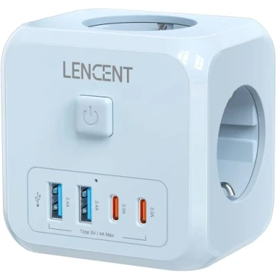 Afbeelding van LENCENT 7 in 1 Kubus Stekkerdoos, Multiple Stopcontact 4000 W, Meervoudige Stekker met Schakelaar, 3 AC Stopcontacten, 2 USB A en Type C, Socket Uitbreiding voor Kantoor, Keuken Slaapkamer,Blauw