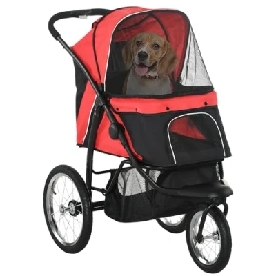 Afbeelding van PawHut Hundewagen Hundebuggy klappbar für Hunde &amp; Katzen bis 20 kg Katzenbuggy mit geländegängige Gummiräder Kissen Netzfenstern Türen Katzenwagen Aufbewahrungskorb Buggy Rot
