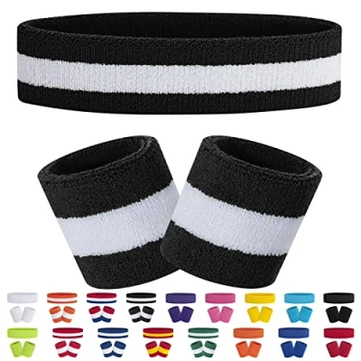 Afbeelding van FACATH Gestreepte Zweetband Set Sport Hoofdband Polsband Terry Doek Atletische Oefening Basketbal Hoofdbanden Vochtafvoerende Zweetabsorberende Katoen Gestripte