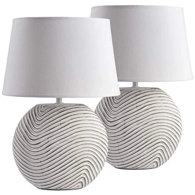 Afbeelding van BRUBAKER Set van 2 tafel of bedlampjes, wit, keramische poten in tweekleurig, matte afwerking, hoogte 38 cm, wit/grijs