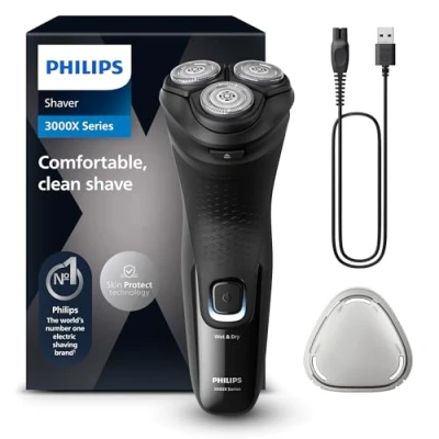Afbeelding van Philips Shaver Series 3000x Elektrisch Wet &amp; Dry scheerapparaat voor mannen nat en droog scheren, met SkinProtect technologie, uitklapbare baardtrimmer, in Diepzwart (model X3001/00)
