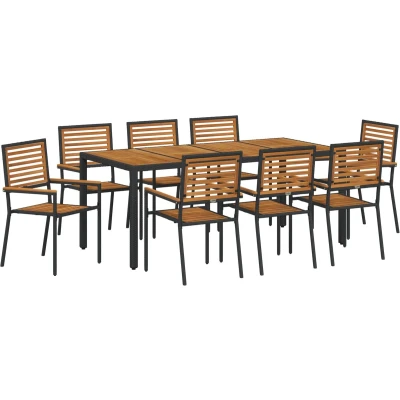 Afbeelding van vidaXL 9 delige Tuin Eet Set Zwart Poly Rattan Acacia, Stapel Tuinstoelen met Kussens 2 stuks