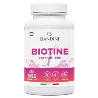Afbeelding van Bandini® Biotine + Selenium Zink Vitaminen voor Haar, Nagels en Huid Haargroei Anti val 365 Hooggedoseerde Absorptietabletten 1 Jaar Complete Behandeling Haar Schoonheid