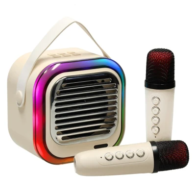 Afbeelding van Retro Karaoke Set Met 2 Microfoons Draagbare Bluetooth USB LED Luidspreker KaraokeSet Muziekspeler Beige