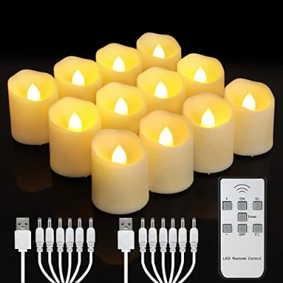 Afbeelding van Yunsheng 12 oplaadbare led theelichtjes met afstandsbediening, timer, oplaadbaar, vlamloze flikkerende kaarsen, warm wit licht, Halloween, Kerstmis, thuis, bruiloft, decoratie (USB oplaadkabel)
