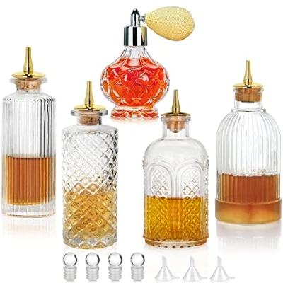 Afbeelding van SuproBarware Bitters Fles 5 stks Glazen Dash Set voor Vermouth Sprayer Verstuiver Vergulde Zinklegering Dasher Top, Decoratieve Fles, Cocktail en Display