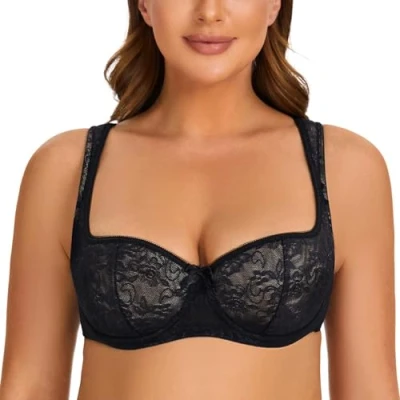 Afbeelding van MELENECA Dames gewatteerde band half cup beugel sexy kanten balconette bh Zwart 95G