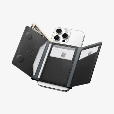 Afbeelding van Spigen Valentinus S Magfit magnetische kaarthouder met 7 Kaartsleuven en Biljetcompartiment Compatibel iPhone 16/15/14/13/12 modellen Apple lederen Magsafe portemonnee RFID bescherming Zwart