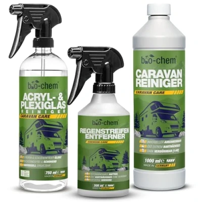 Afbeelding van bio chem Caravan buitenverzorgingsset, 3 delig, 1 x 1000 ml caravanreiniger + 500 regenstripverwijderaar, 750 acryl en plexiglasreiniger, voor camper, caravan, aanhanger, voortent enz.