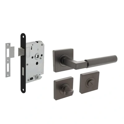 Afbeelding van Intersteel Deurbeslag set toiletslot 63/8mm zwart met deurkruk Baustil en WC sluiting antraciet grij
