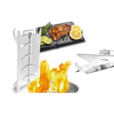 Afbeelding van FENNEK Shorty Kleine roestvrijstalen zalmhouder voor vuurschalen en grills, met speciaal spanmechanisme, geen schroeven nodig, 180 graden draaibaar, Made in Germany