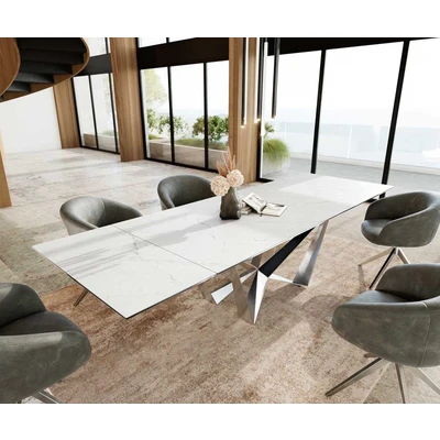 Afbeelding van DELIFE Eetkamertafel Edge 200 300x100 keramiek Laminam®Statuarietto Weiß spider vlak staal RVS uitschuifbaar