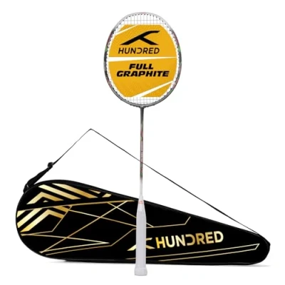 Afbeelding van Hundred Powertek 1000 PRO grafietbespannen badmintonracket met volledige rackethoes (donkergrijs/wit) Voor gemiddelde spelers 95 gram Maximale snaarspanning 26 lbs