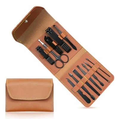 Afbeelding van Manicure set, pedicure nagelschaar, 12 delig, roestvrij staal, nagelset met PU lederen tas, draagbare nagelverzorgingsset voor op reis, dames en heren (zwart)