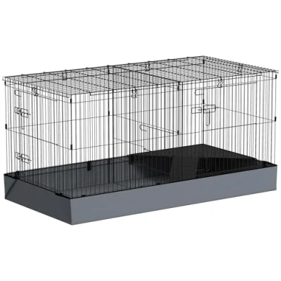 Afbeelding van PawHut Kleintierkäfig, Kleintierstall mit Rampe, Trennwand, Nagerkäfig abnehmbarem Verdeck, Stoffboden, Kaninchenkäfig für Kleintiere Stahl Schwarz