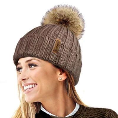 Afbeelding van TOSKATOK® Warme wintermuts voor dames, wollige gebreide muts met afneembare dikke pompon van imitatiebont, Nerts, One size