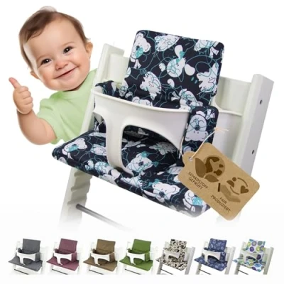 Afbeelding van Bambiniwelt Vervangende overtrek, zitkussen, kussenset, stoelverkleiner, compatibel met STOKKE Tripp Trapp voor hoge stoel, kinderstoel, design (beertje blauw)