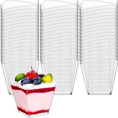 Afbeelding van KAHEIGN 60 stuks plastic dessertkopjes, 100 ml vierkante afgeschuinde dessertbekers heldere paraffine voorgerechtbeker herbruikbare serveerschaal voor dessert pudding mousse party (5,5 x 5,7 cm)