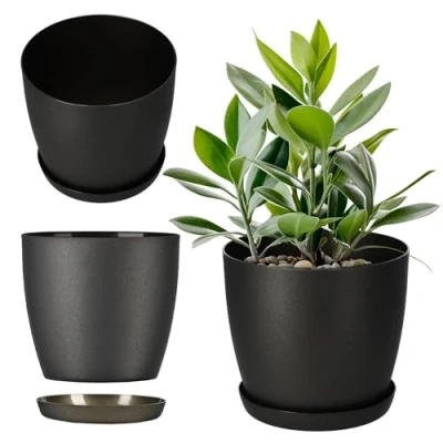 Afbeelding van KADAX Bloempot, plantenpot met onderschotel, ronde bloempot van kunststof, matte pot voor cactussen, varens, glanzende balkon, woning en terras (diameter 16 cm, antraciet)
