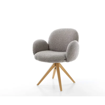 Afbeelding van Eetkamerstoel Nube Flex met armleuning houten frame hoekig natuur bouclé zilver grijs pocketveer kern 180 draaibaar