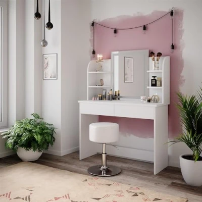 Afbeelding van Vicco Make uptafel set met kruk &quot;Charlotte&quot;, Wit, 106 cm LED spiegel en krukje