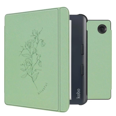 Afbeelding van Kobo Libra Colour Hoes: iMoshion Design Slim Hard Case Sleepcover Bookcase met stand Floral Green Kunstleder E Reader Hoezen