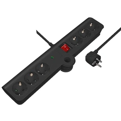 Afbeelding van Stekkerdoos met 6 contacten, overspanningsbeveiliging en inklapbaar design / zwart 5 meter