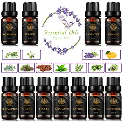 Afbeelding van Aromatherapie Cypresse etherische olieset voor diffuser, 100% pure jasmijn olie kit luchtbevochtigers, 11 x 10 ml therapeutische kwaliteit cajeput oliën set Fenkel, jeneverbes oliën.