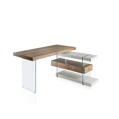 Afbeelding van Angel Cerdá bureau van walnoothout en gehard glas, modern met soft close laden, legplanken in parelgrijs, 140 x 127 75 cm
