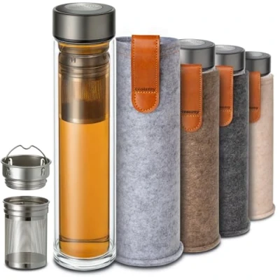 Afbeelding van Theefles met Filter Glazen voor Thee 500ml Dubbelwandig Glas vilten zakje Hittebestendig Lekvrij Vaatwasmachinebestendig (Grijs)